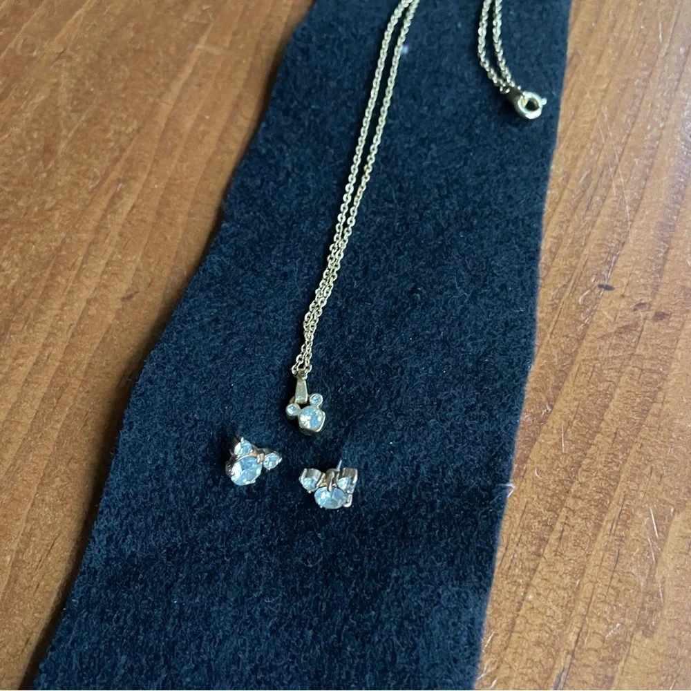 Cute Mickey Earring and Necklace Set - Gold Colored w/ Crystal Stones